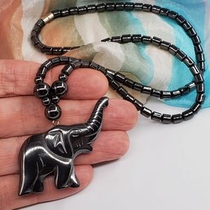 Hematite Natural Stone Elephant Pendant Necklace Animal Boho Jewelry